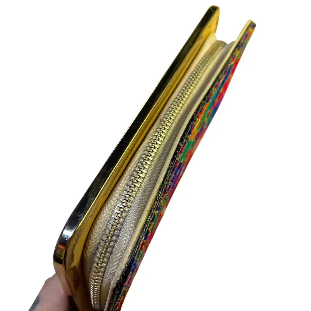 Boho Multicolor Chain Stitch Embroidered Zip Around Wallet Clutch